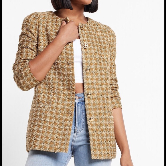 SOLD EXPRESS long tweed blazer metallic bronze gold tan worn by celebrity - Picture 8 of 17